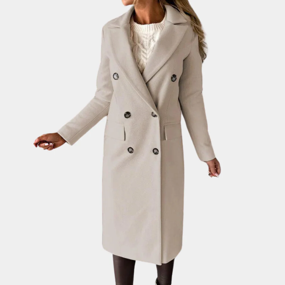 Women's Long Coat – Tailored Fit – Wool Texture – Double Breasted – Classic Lapel
