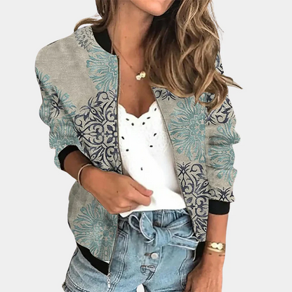 Women's Bomber Jacket – Relaxed Fit – Lightweight Fabric – Rib Knit – Floral Pattern