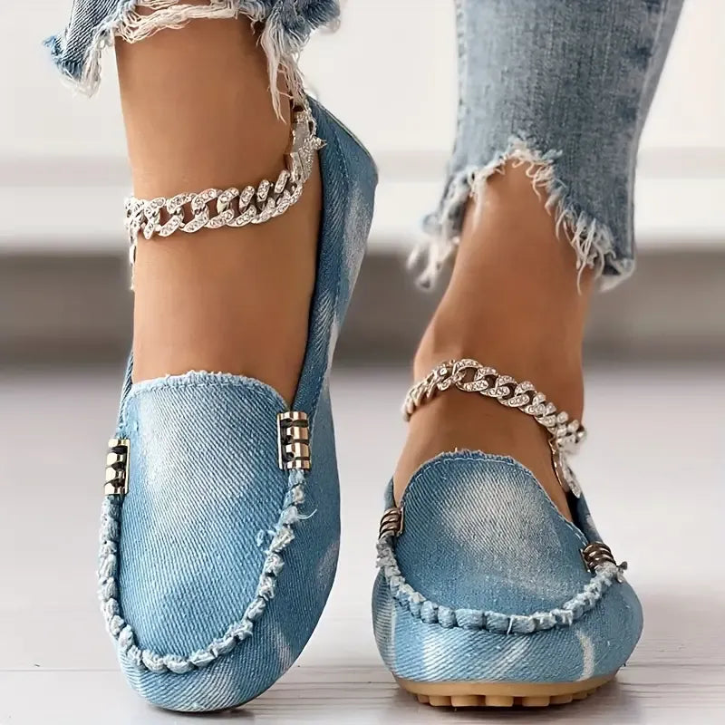 Women's Loafers – Denim Texture – Slip-on – Chain and Fringe Edge – Comfort Style