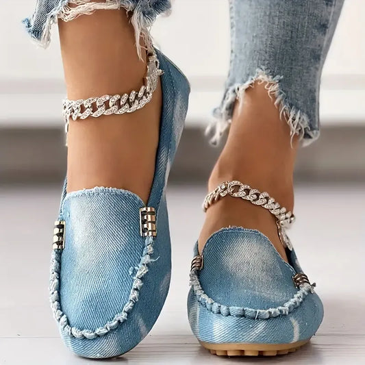 Women's Loafers – Denim Texture – Slip-on – Chain and Fringe Edge – Comfort Style
