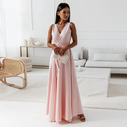 Women's Maxi Dress – V-Neckline – Tie Belt – Sleeveless – Luxurious Fabric