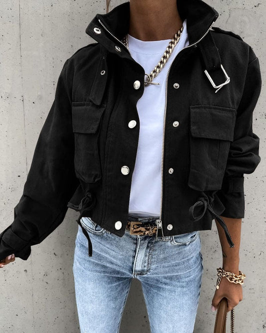 Women's Jacket – Cropped Utility Design – Relaxed Fit – Drawstring and Flap Pockets