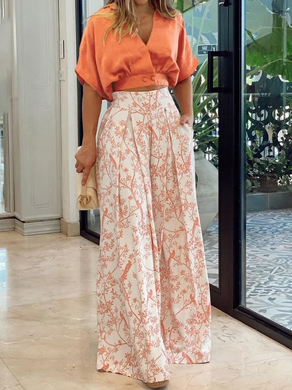 Women's Set – Relaxed Top with Dolman Sleeves – High-Waisted Wide Pants – Breathable Fabric