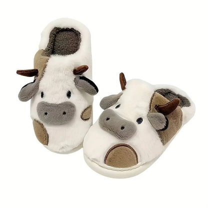 Women's Slippers – Full Coverage – Plush Faux Fur – 3D Cow Design – Indoor Comfort