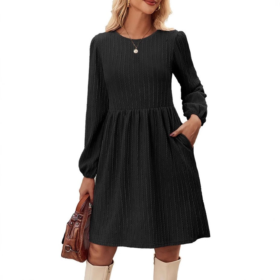 Dress for Women – Knitted Jacquard – A-line Fit – Long Puff Sleeves – Round Neck