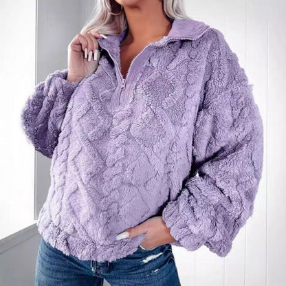 Women's Sweater with Half Zipper – Plush Fleece – Oversized Fit – Stand Collar