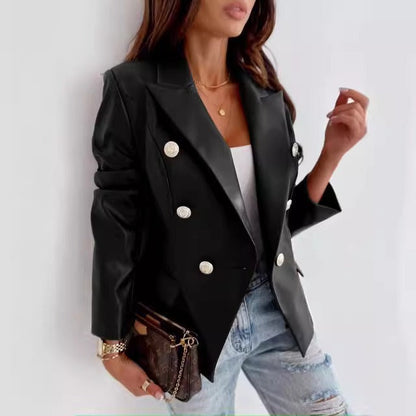 Women's Blazer – Tailored Fit – Faux Leather – Double-Breasted – Structured Lapels