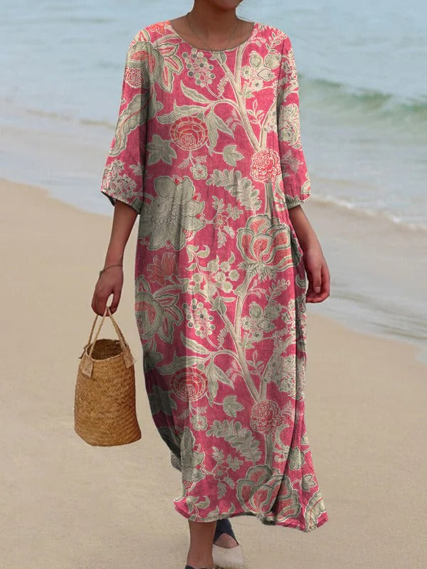 Dress woman – Midi length – Loose fit – Retro floral pattern – Breathable cotton