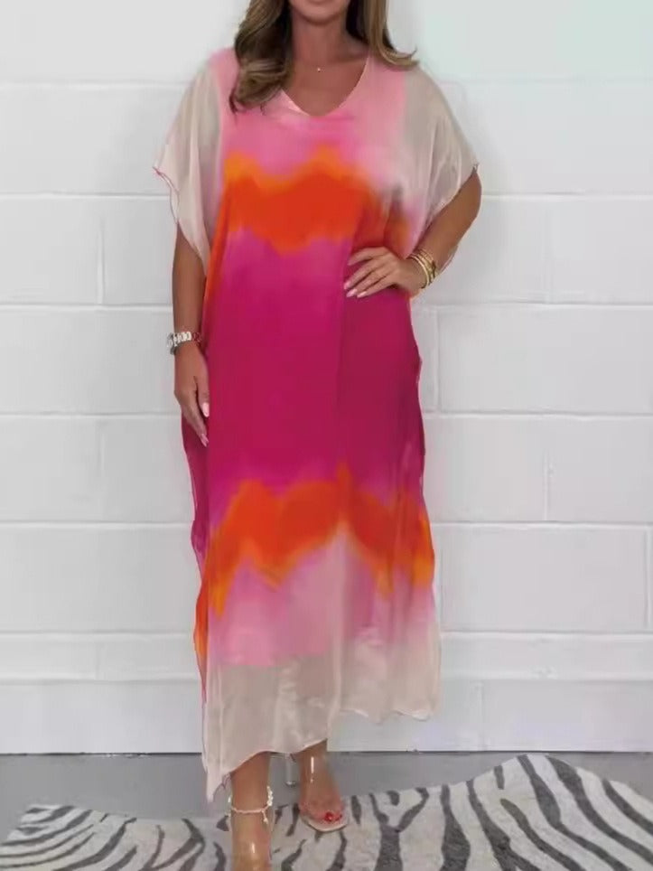 Women's Maxi Dress – Chiffon – V-neck – Ombre Design – Short Sleeve – Loose Fit