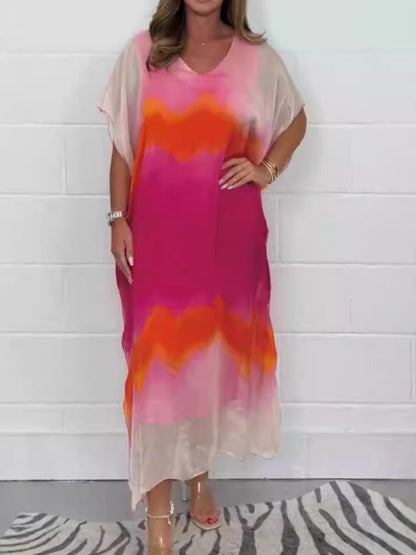 Women's Maxi Dress – Chiffon – V-neck – Ombre Design – Short Sleeve – Loose Fit