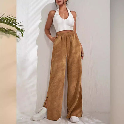 Women's Trousers with Wide Legs – Corduroy – High Waist – Elastic Waistband – Split Hem