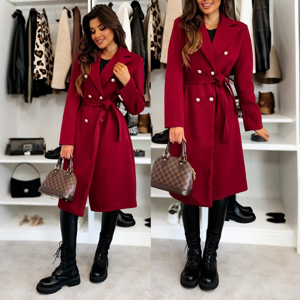 Women's Wool Coat – Double-Breasted – Belt at the Waist – Tailored Knee Length