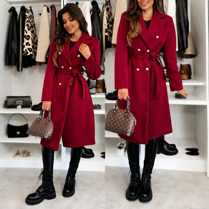 Women's Wool Coat – Double-Breasted – Belt at the Waist – Tailored Knee Length