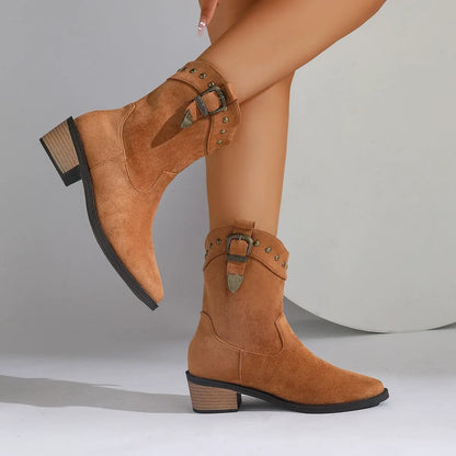 Women's Ankle Boots – Suede Look – Embroidered – Pointed Toe – Chunky Heel – Buckle – Studs