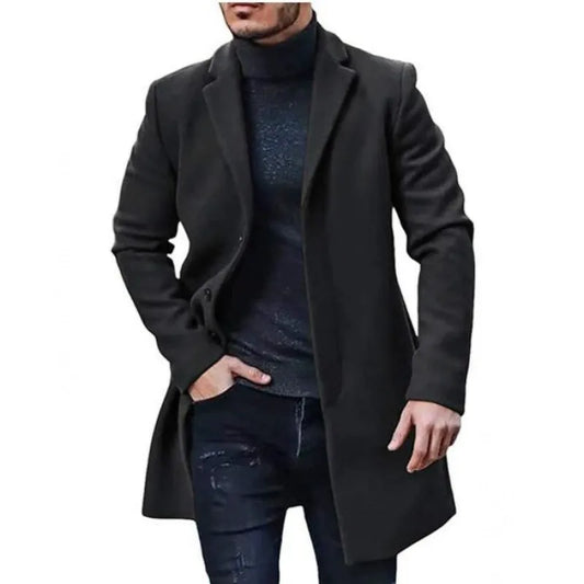 Men's Coat – Wool Blend – Tailored Fit – Mid-Length – Button Closure – Lapels