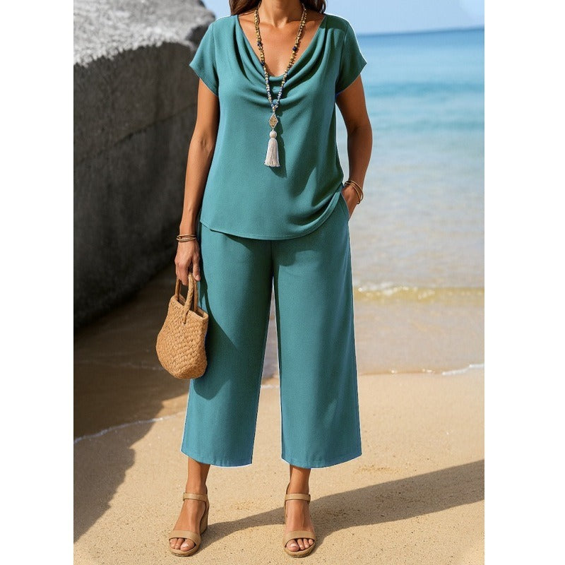 Women's Pants Set – Relaxed Fit – Draped Neckline – Short-Sleeved – Wide 9/10 Pants