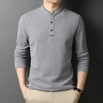 Men's Long-Sleeve T-Shirt – Cotton – Regular Fit – Stand Collar – Button Opening