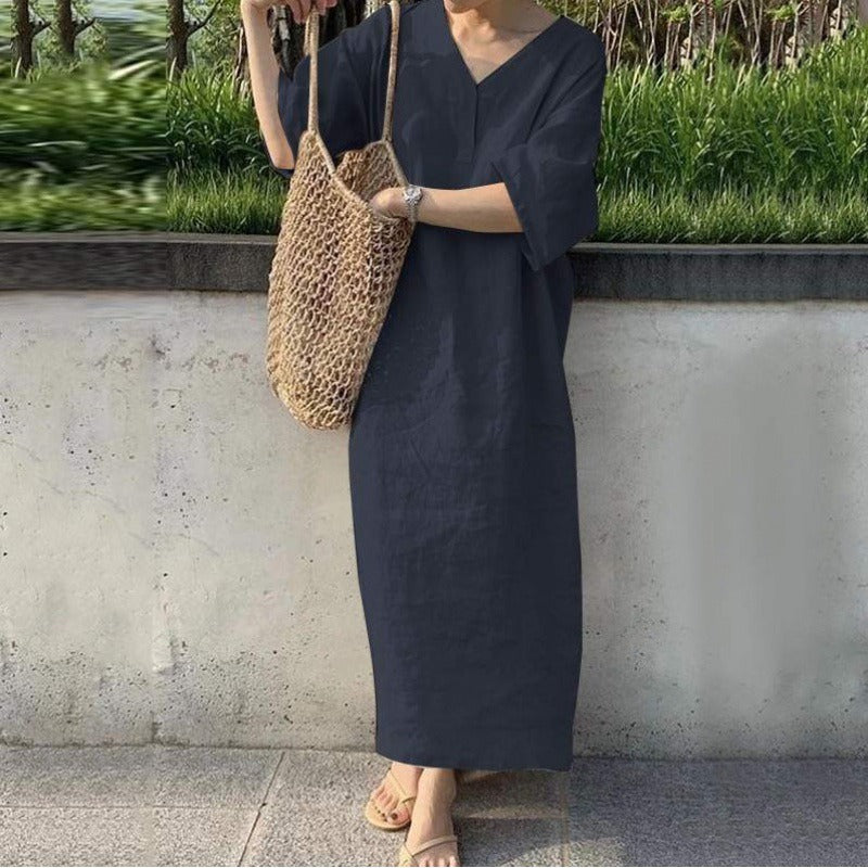 Dress woman – maxi dress in cotton linen – relaxed fit – v-neck – short sleeve