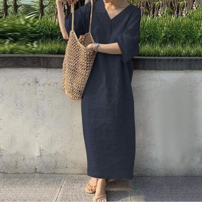 Dress woman – maxi dress in cotton linen – relaxed fit – v-neck – short sleeve