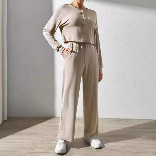 Women's Loungewear Set – Soft Knit – Short Sweater with Buttons – Wide Pants