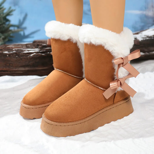 Women's Snow Boots – Suede Appearance – Faux Fur Lining – Thick Sole – Mid-Calf Height – Bow Detail