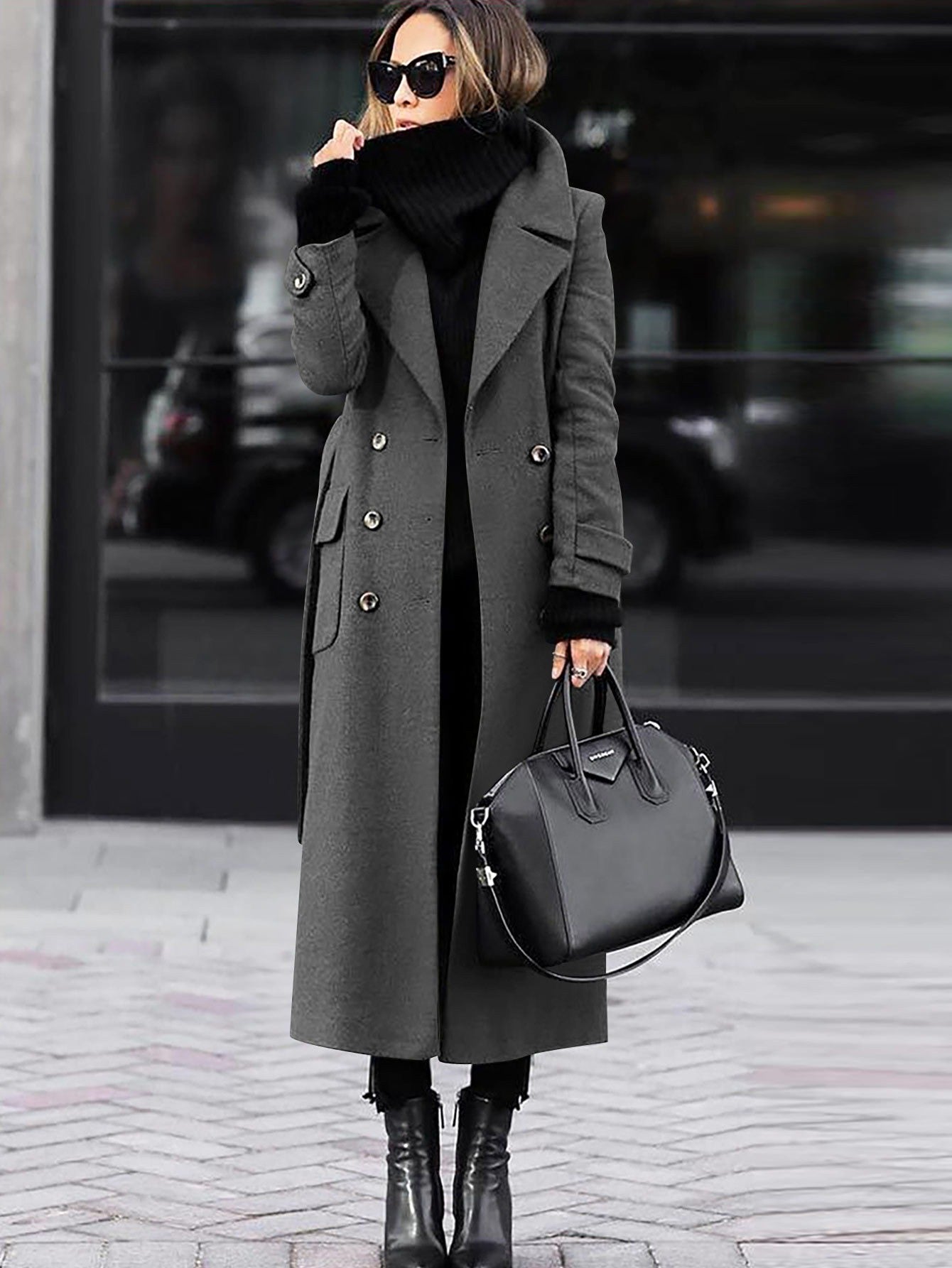 Women's Wool Coat – Tailored Fit – Double-Breasted – Elegant Long Model