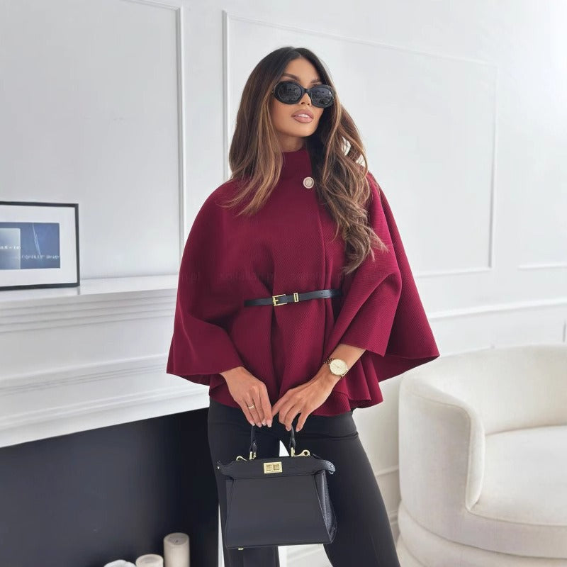 Women's Cape Coat – Wool Blend – Tailored Fit – Belt – High Neck Elegant Design