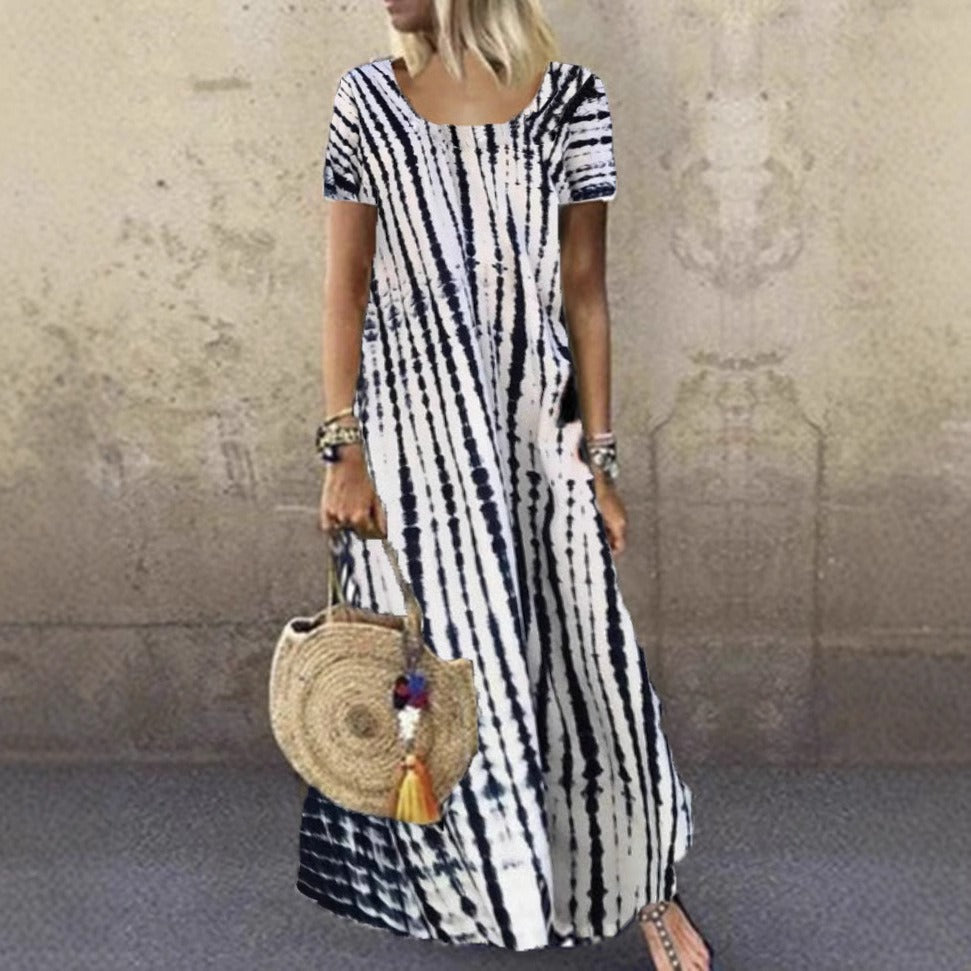 Women's Maxi Dress – Tie-Dye Pattern – Loose Fit – Short Sleeve – Breathable Cotton