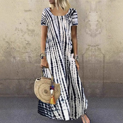 Women's Maxi Dress – Tie-Dye Pattern – Loose Fit – Short Sleeve – Breathable Cotton