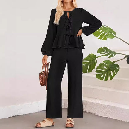 Women's Pantsuit – V-neck Blouse with Tie Detail – Wide Fit in Light Cotton Texture