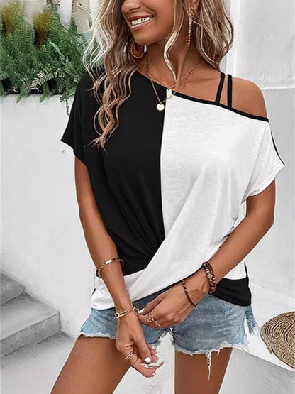 Women's T-shirt – Relaxed fit – Off shoulder with strap – Cotton – Color-block design