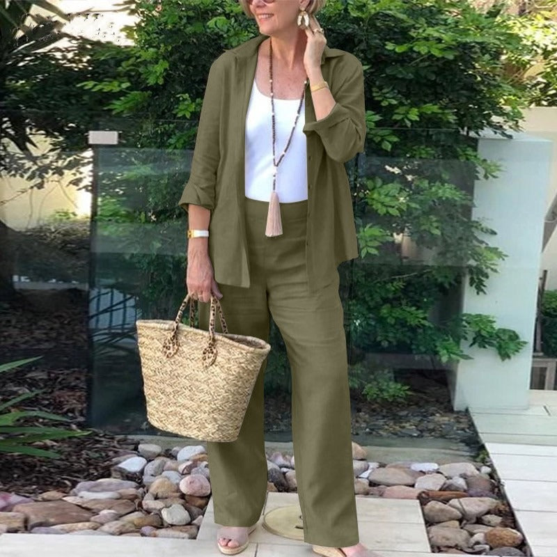 Women's Set with Shirt and Pants – Linen Blend – Relaxed Fit – Wide Leg – Open Front