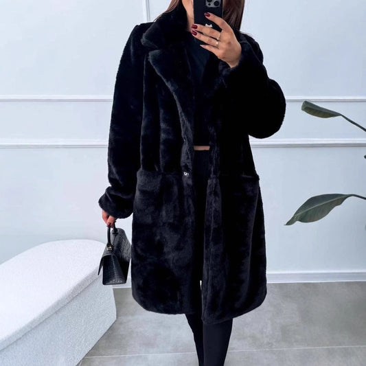 Women's Long Coat – Oversized Fit – Soft Texture – Wide Lapels – Front Pockets