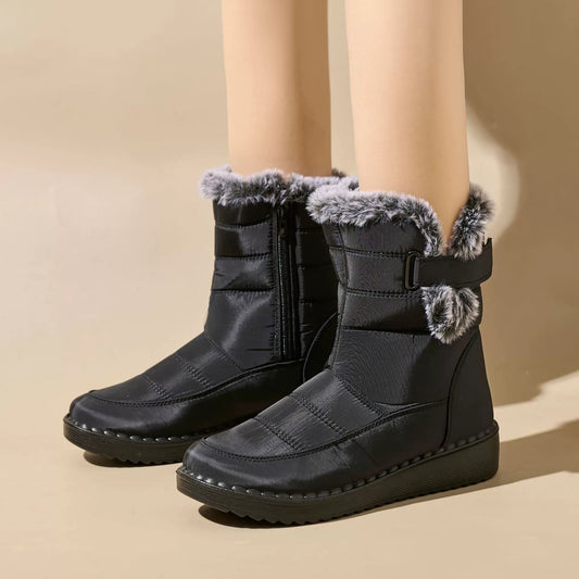 Women's Mid-Calf Boots – Quilted Waterproof – Faux Fur Lined – Zipper – Flat Sole