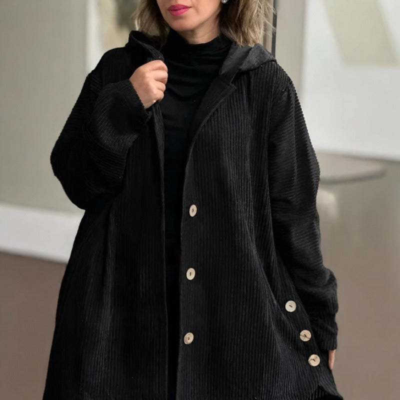 Women's Jacket – Corduroy – Loose Fit – Hood – Knee-Length with Buttons