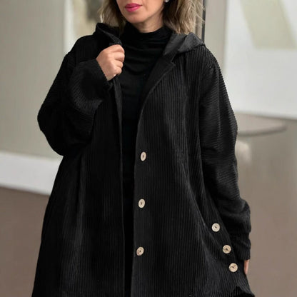 Women's Jacket – Corduroy – Loose Fit – Hood – Knee-Length with Buttons