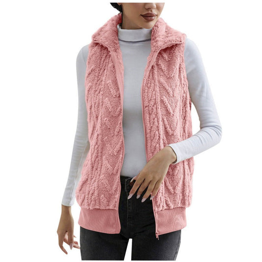 Women's Vest without Sleeves – Jacquard Fleece – Zipper – High Collar – Relaxed Fit