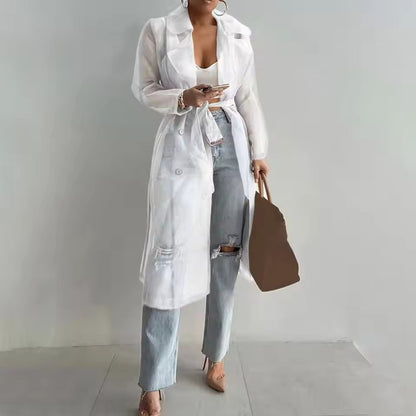 Women's Trench Coat – Lightly Transparent – Relaxed Fit – Belt – Long Sleeves