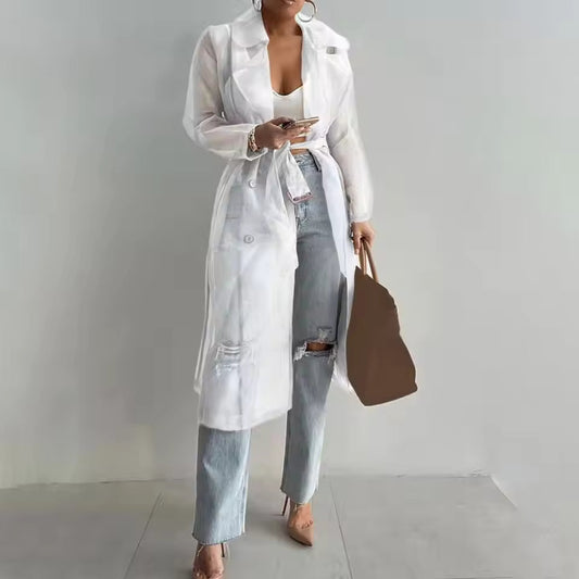 Women's Trench Coat – Lightly Transparent – Relaxed Fit – Belt – Long Sleeves