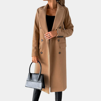 Women's Long Coat – Tailored Fit – Wool Texture – Double Breasted – Classic Lapel