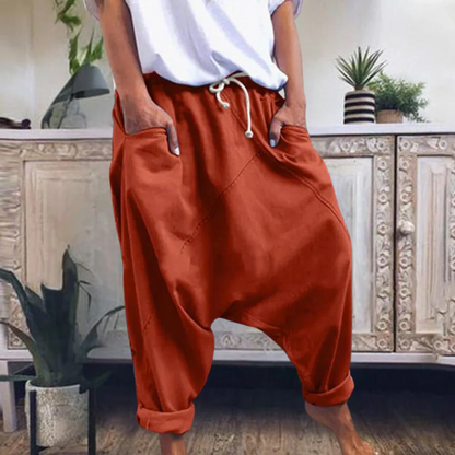 Women's Harem Pants – Relaxed Fit – Drawstring Waist – Cuffed Legs – Cotton Blend