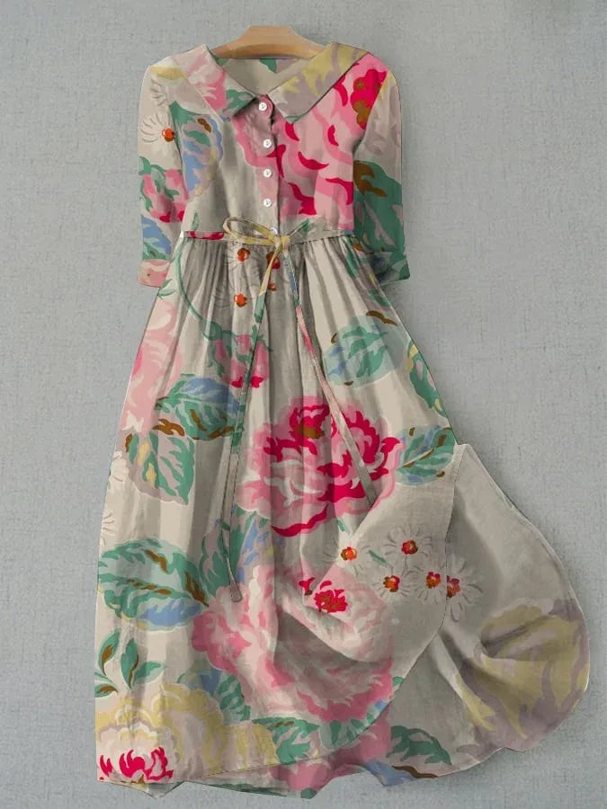 Dress for Women – Midi Length – Relaxed Fit – Shirt Collar – Floral Pattern