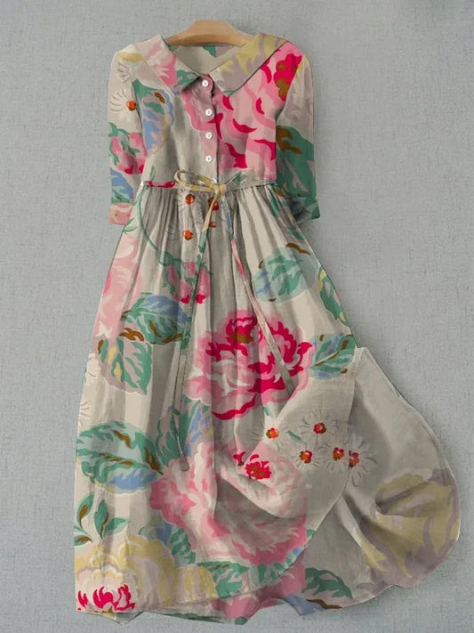 Dress for Women – Midi Length – Relaxed Fit – Shirt Collar – Floral Pattern