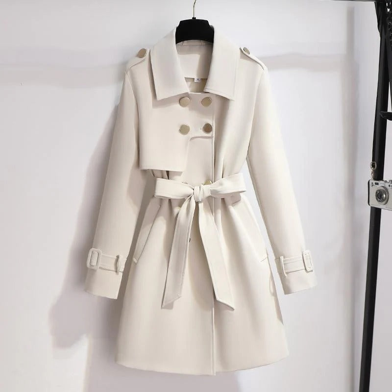 Women's Trench Coat – Tailored Silhouette – Wool Blend – Belt – Double-Breasted Design