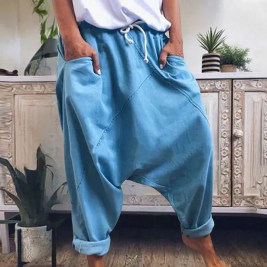 Women's Harem Pants – Relaxed Fit – Drawstring Waist – Cuffed Legs – Cotton Blend