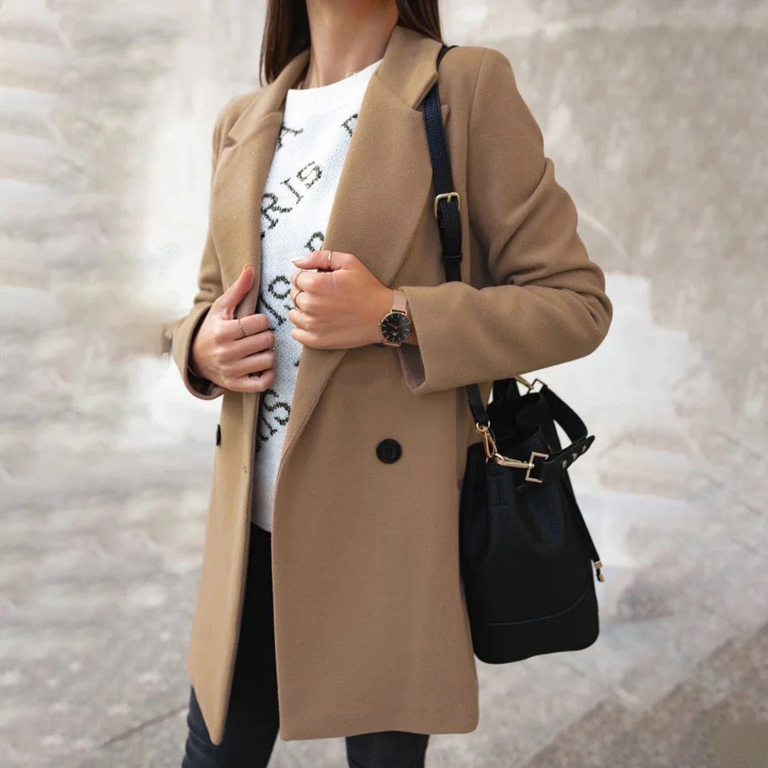 Women's Long Coat – Tailored Fit – Wool Blend – Notch Lapel – Single Breasted