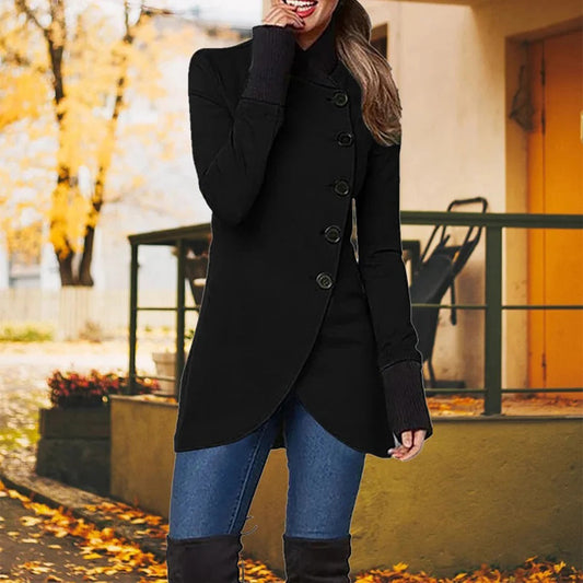 Women's Jacket – Tailored Fit – Wool Blend – Asymmetric Buttoning – High Collar – Mid-Thigh Length