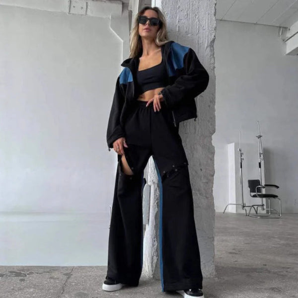Women's Set Lounge Dress – Cropped Hoodie with Zipper – Wide Cotton Pants