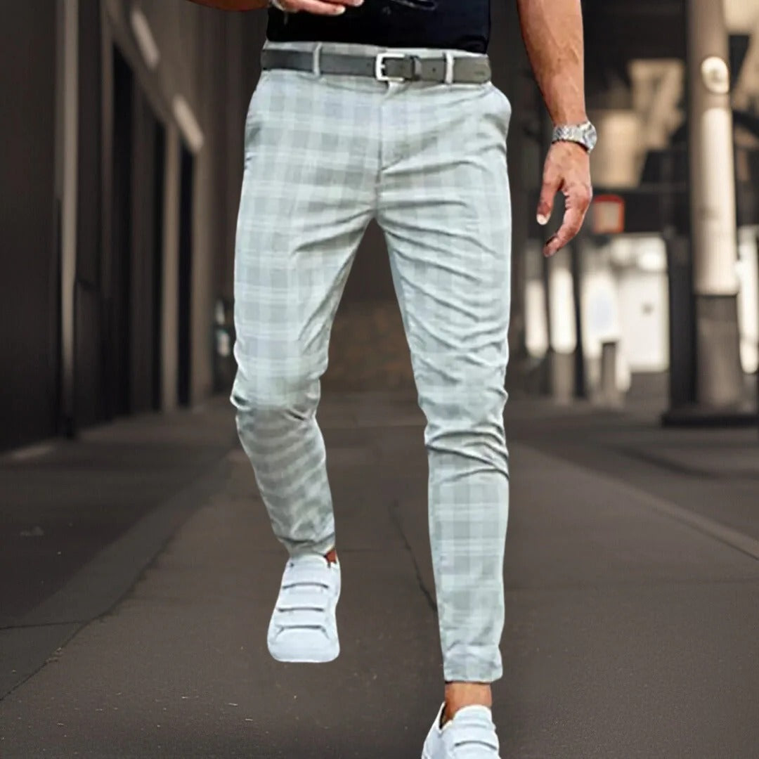 Men's Trousers Chinos – Slim Fit – Cotton Blend – Check Pattern – Full Length – Smart Casual