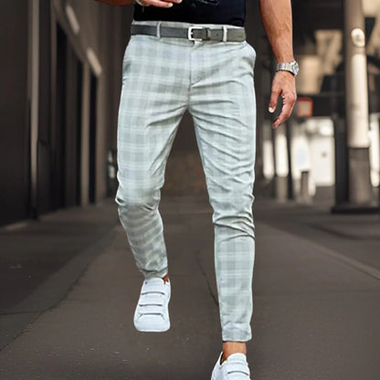 Men's Trousers Chinos – Slim Fit – Cotton Blend – Check Pattern – Full Length – Smart Casual